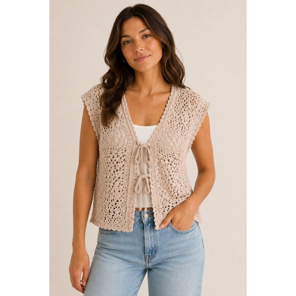 Lucky Brand Sweaters - Lucky Brand Boho Crochet Tie-Front Cardigan Sweater Vest Pink Cotton Size M